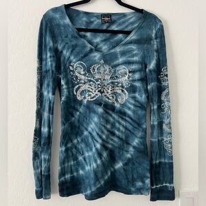 Sledge USA Vintage Y2K Womens Top Rhinestone Studded Crown Long Sleeve Sz Large
